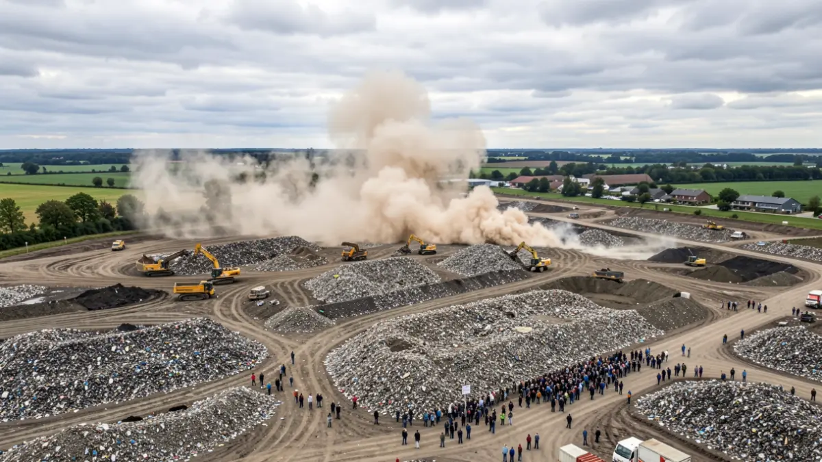 Image générique d'un centre d'enfouissement technique dans le Hainaut, avec des engins de chantier et des nuisances potentielles.