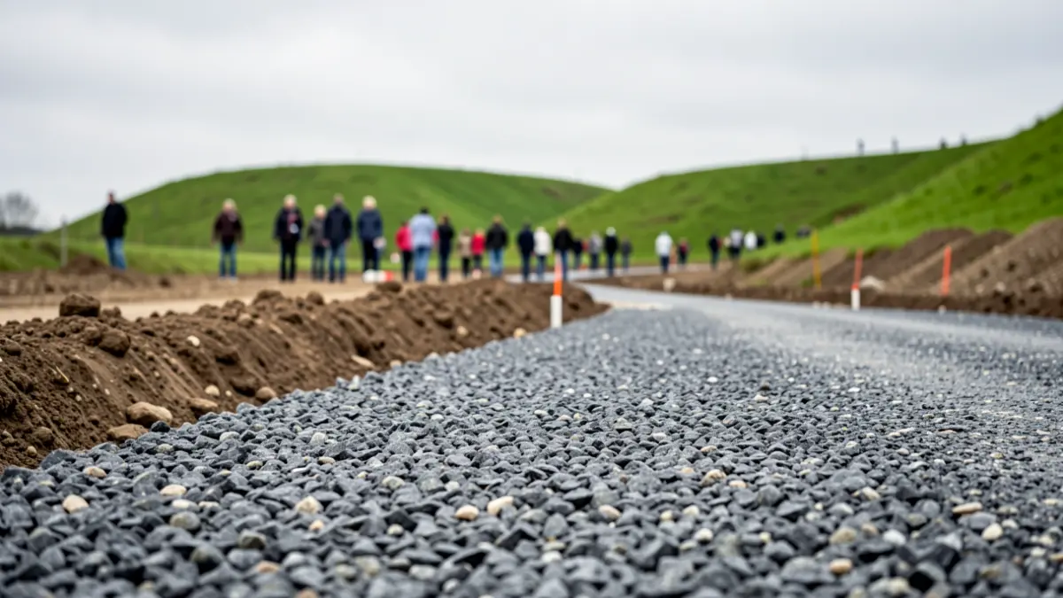 Chantier d'un nouveau pré-RAVeL à Comines-Warneton, avec préparation du sol et pose de fondations.