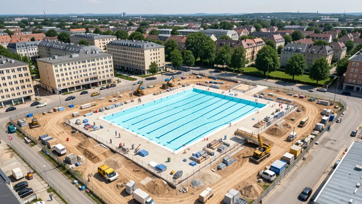 Vue aérienne du chantier de la piscine Yernaux à Charleroi, montrant les travaux en cours et le paysage urbain environnant.