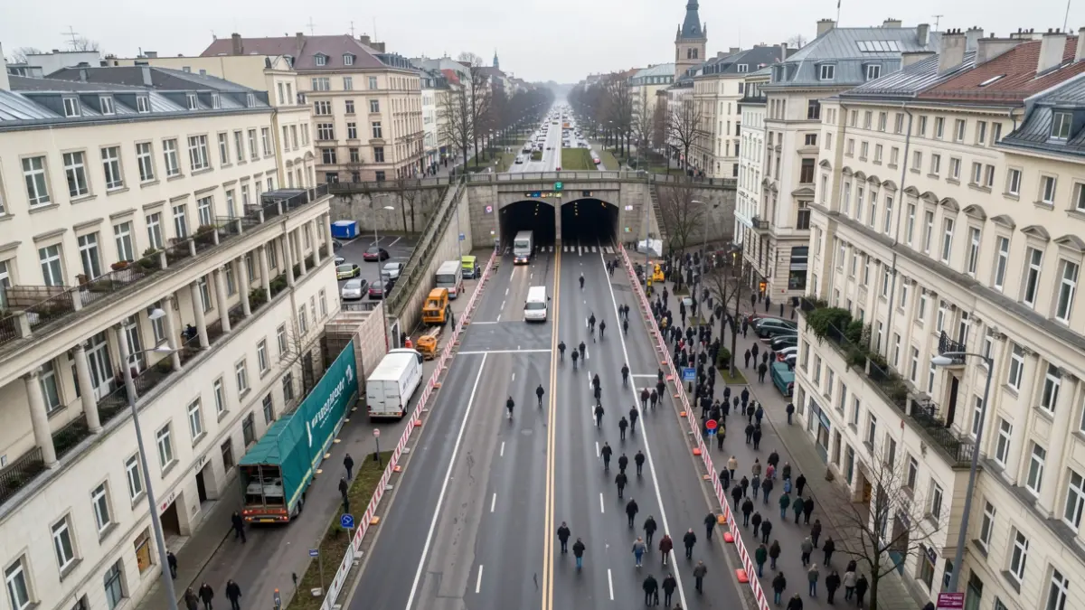 Generic image of an urban tunnel entrance with ongoing construction on the adjacent boulevard, under an overcast northern European sky.