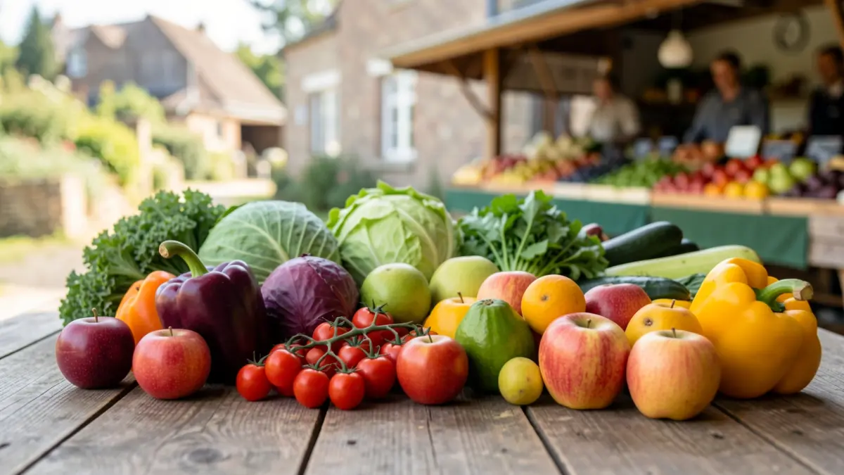 Generic image of fresh local produce arranged on a wooden table.