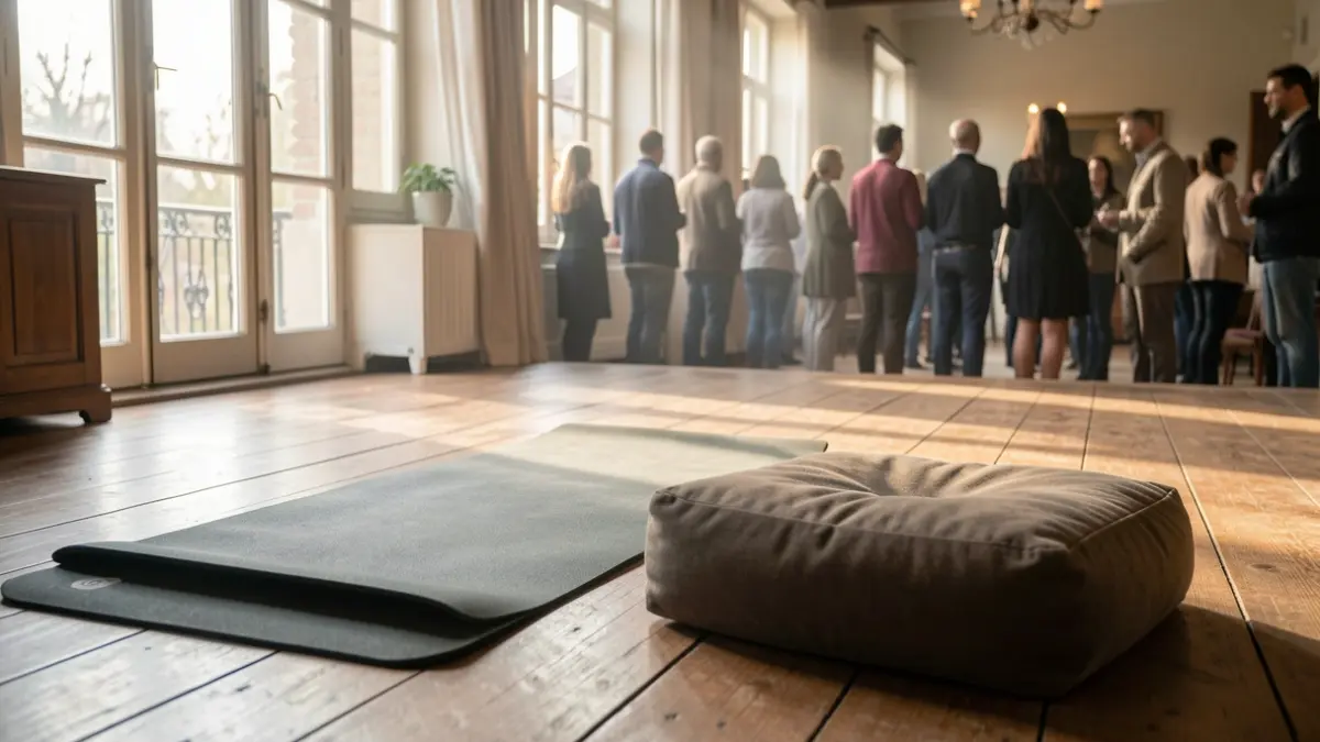 Generic image of a yoga mat and a meditation cushion on a wooden floor, soft morning light filtering through a window, peaceful and serene atmosphere.