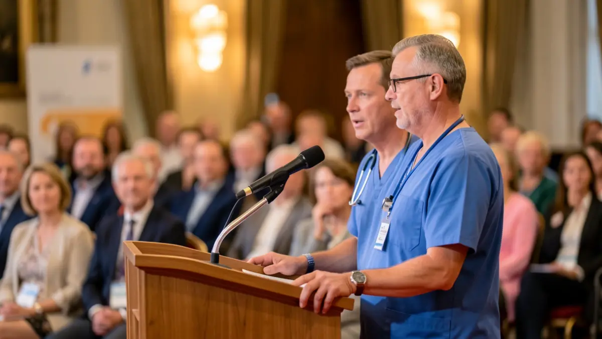 Image générique d'une conférence médicale ou d'un événement de sensibilisation. Un médecin parle à un podium, avec un public flou en arrière-plan.