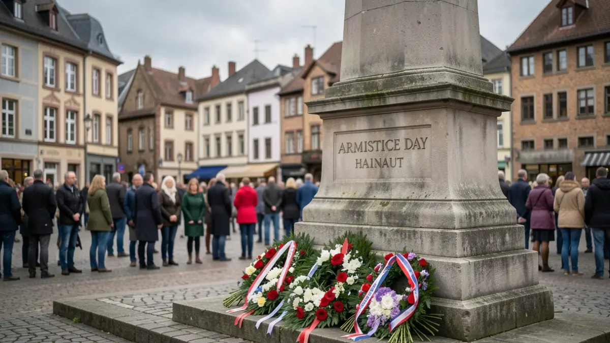 Image générique d'un monument aux morts commémoratif, avec des gerbes de fleurs et une architecture typique de commune belge en arrière-plan.