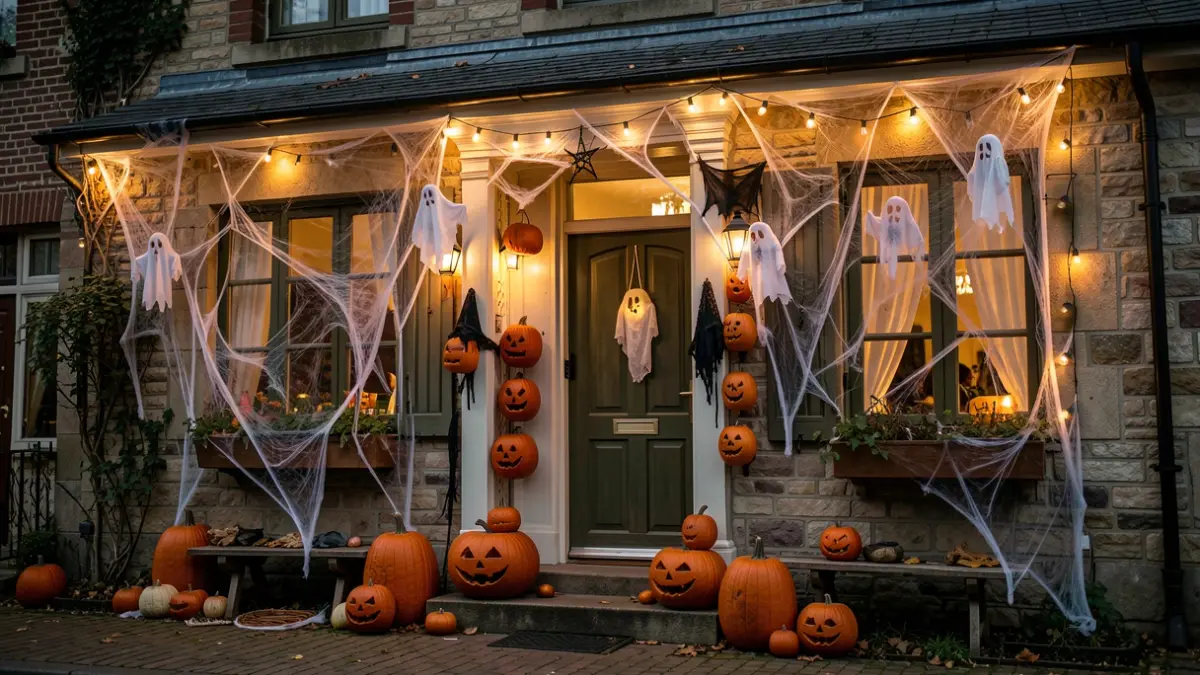 Façade de maison décorée pour Halloween à Rumes avec des citrouilles et des toiles d'araignées, éclairée par une lumière d'ambiance.
