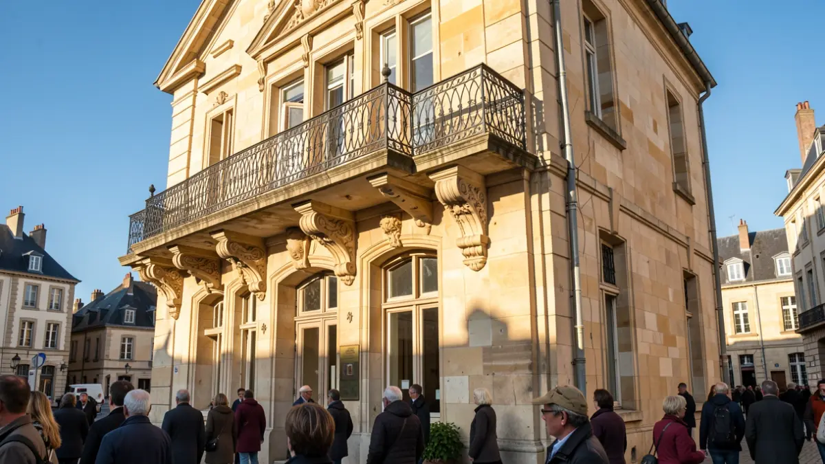 Generic image of a stone facade of a Hainaut town hall with an ornate balcony and iron railings, warm afternoon sunlight on sandstone walls, blue sky.