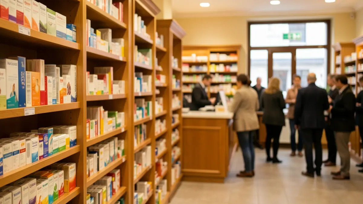 Generic image of a pharmacy interior with shelves stocked with medicines, warm lighting, and a blurred counter in the background.