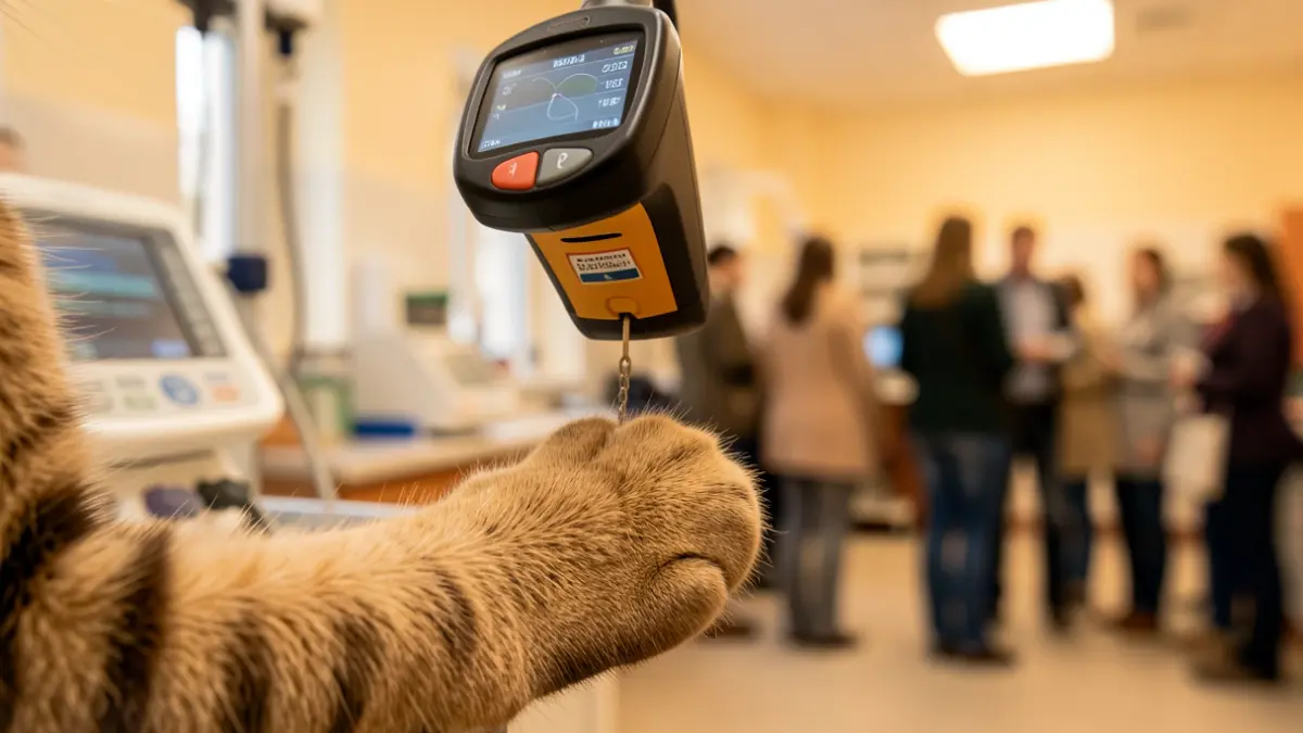 Image générique de l'identification d'un chat par scanner de puce électronique dans un cabinet vétérinaire.
