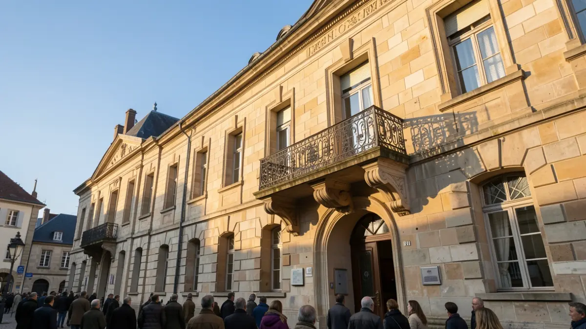 Image générique d'une façade de maison communale en pierre avec balcon et balustrade en fer forgé, sous un ciel bleu.