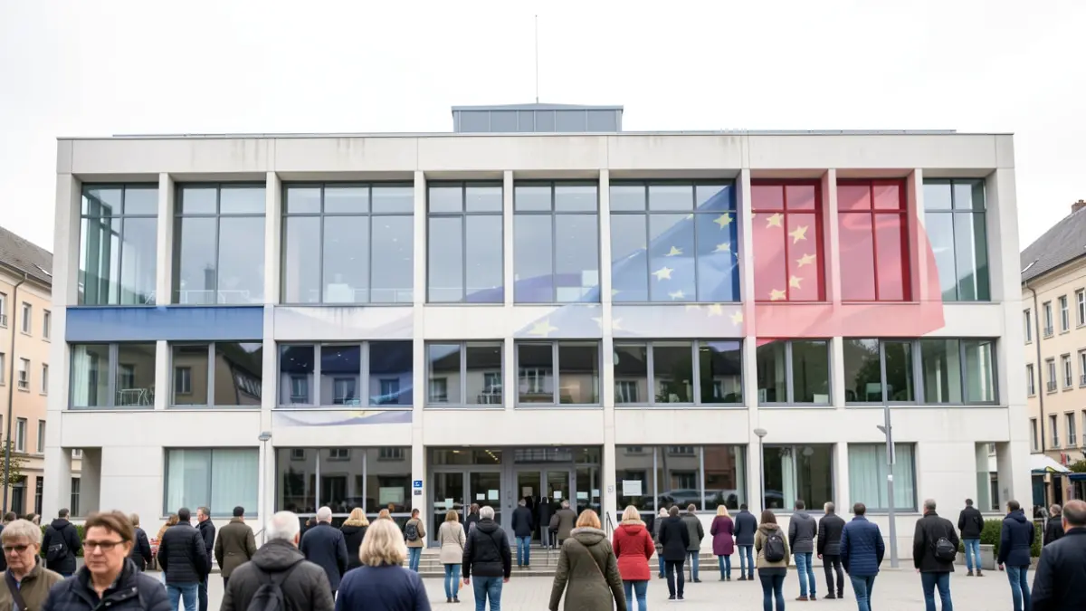 Facade of the Fleurus town hall, integrating modern architectural elements and a discreet European flag. Typical overcast sky of the region.