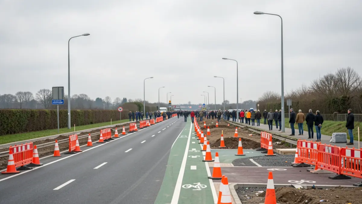 Construction site on the Chaussée de Charleroi (N29) in Fleurus, featuring a new bike lane under construction and temporary traffic measures.