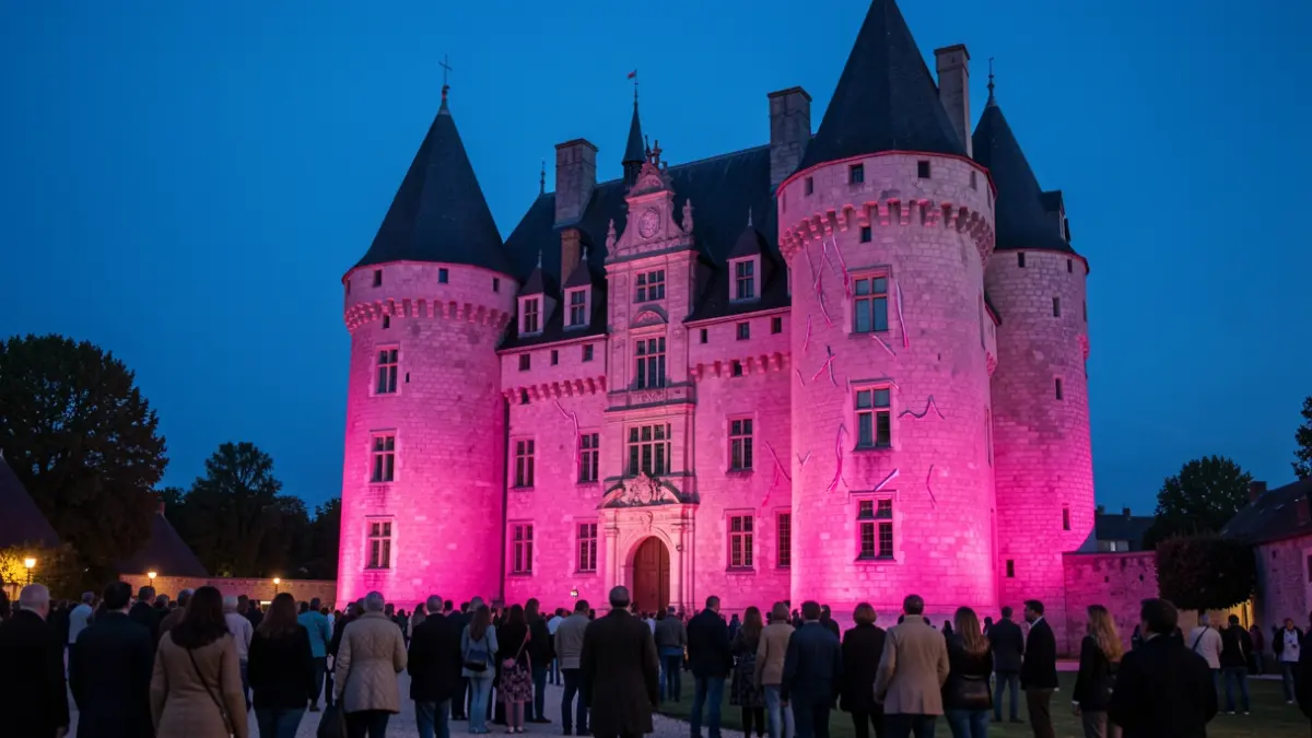 Le château communal de Fontaine-l'Évêque illuminé en rose pour Octobre Rose.