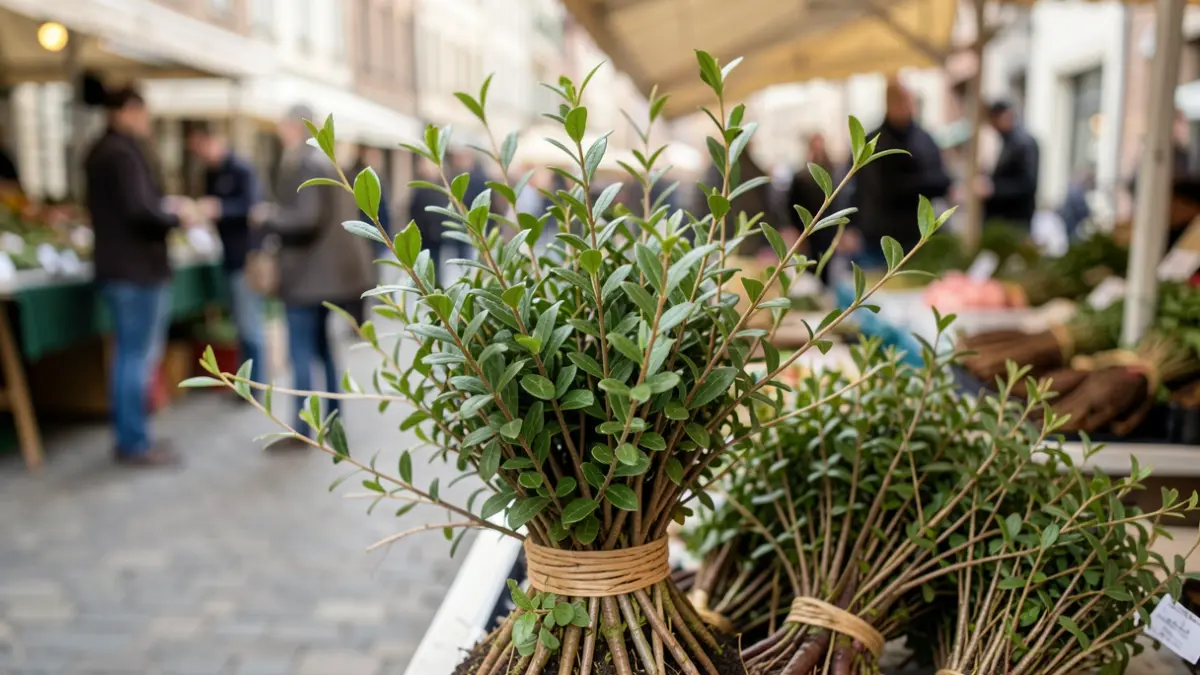 Generic image of young tree and shrub saplings ready for distribution, set against a blurred market or public space background in Wallonia.