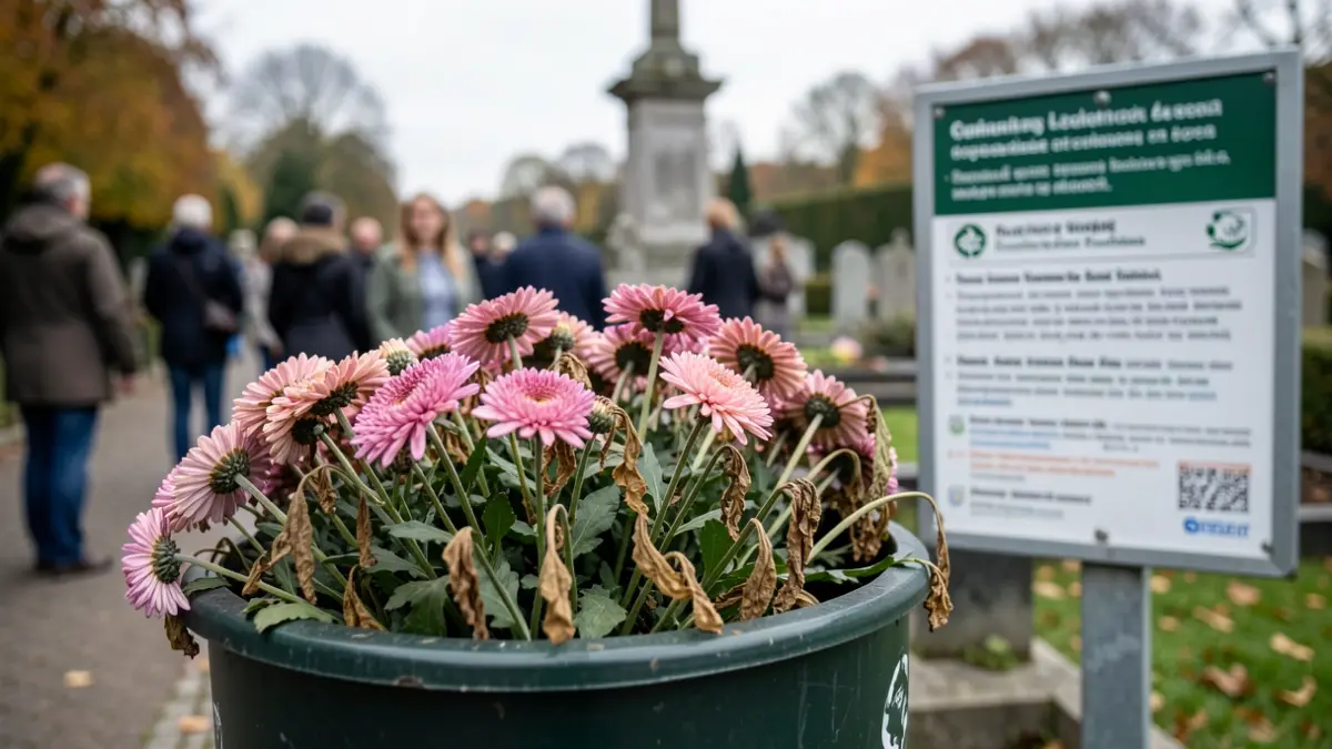 Generic image of wilted chrysanthemums in a communal recycling bin, with an explanatory sign and a blurred cemetery monument in the background.