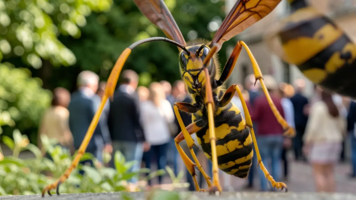 Gros plan sur l'abdomen et les pattes d'un frelon européen, avec un arrière-plan flou de feuillage vert.