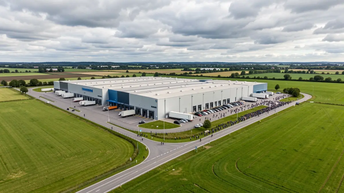 Aerial view of a modern logistics hub with large warehouses and loading docks, surrounded by green fields and a winding road, under a temperate cloudy sky.