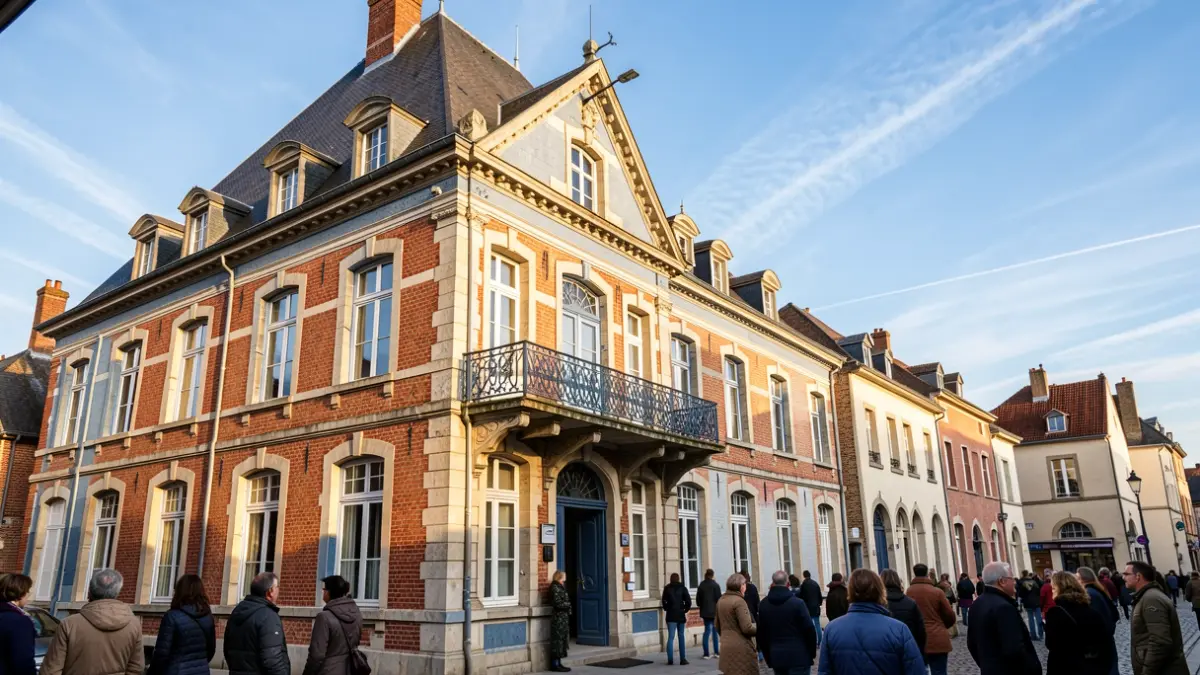 Facade of the Pecq town hall, Hainaut province, with an ornate balcony and iron railings, under an afternoon sun.