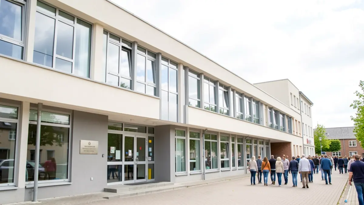 Façade d'une école communale moderne à Tournai, Belgique, avec de grandes fenêtres et des lignes épurées, sous un ciel lumineux et légèrement couvert. Une plaque est visible près de l'entrée.