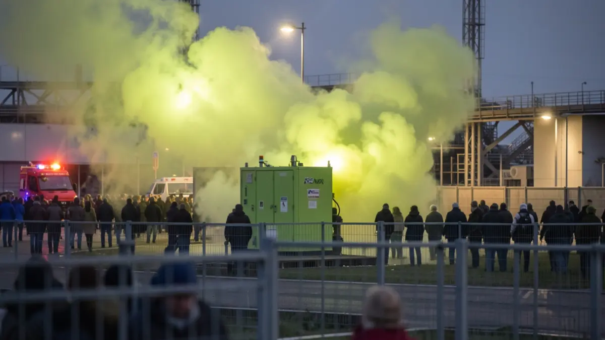 Generic image of a chemical incident in a Belgian factory, with a yellow-green cloud contained by safety measures.