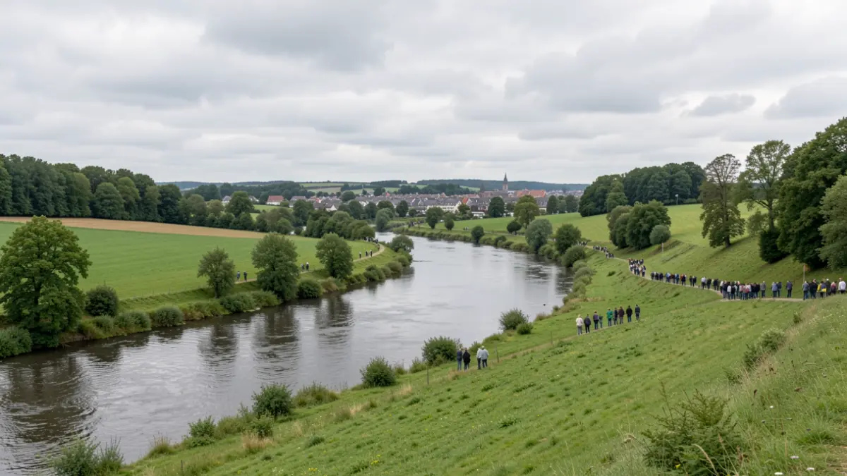 Generic image of the Sambre valley in Wallonia, showing a river and green areas under a cloudy sky.