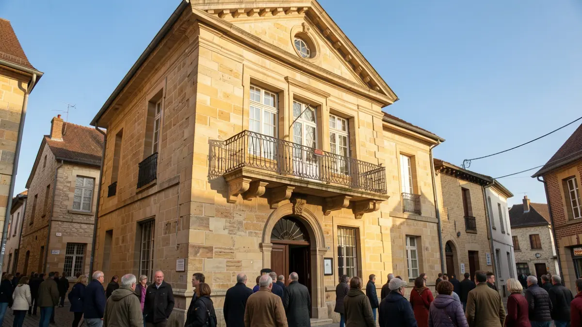 Generic image of a stone town hall facade with an ornate balcony and iron railings. Warm afternoon light.