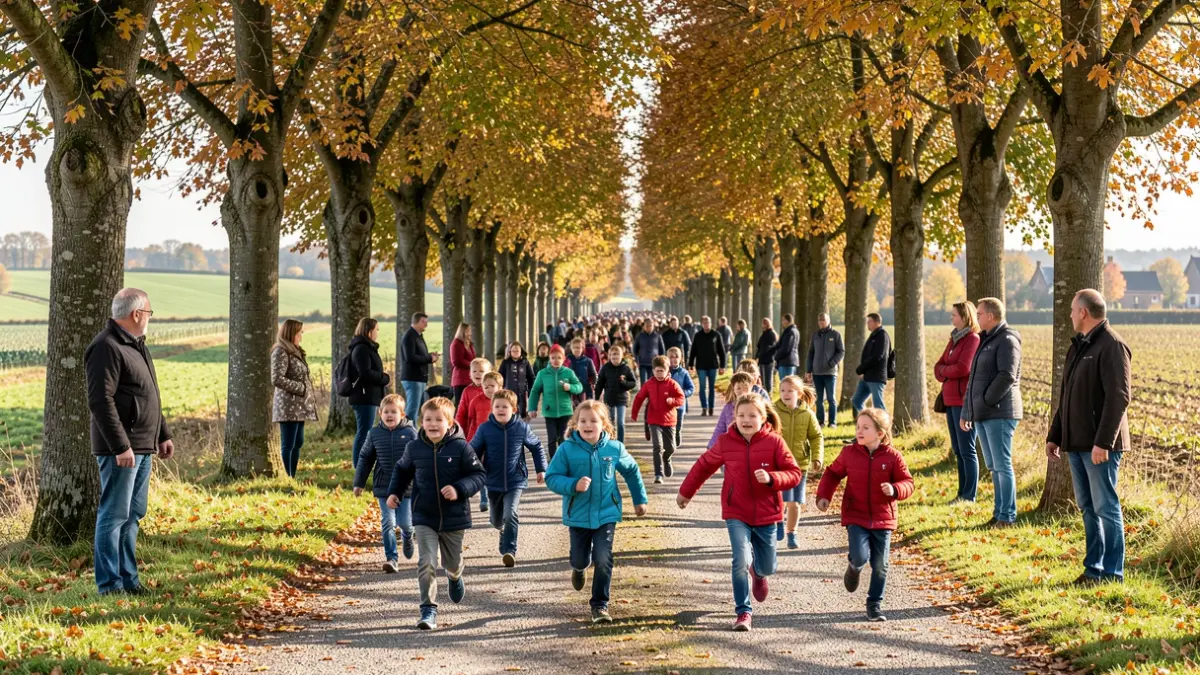 Generic image of children running on a path lined with trees on a sunny autumn day.