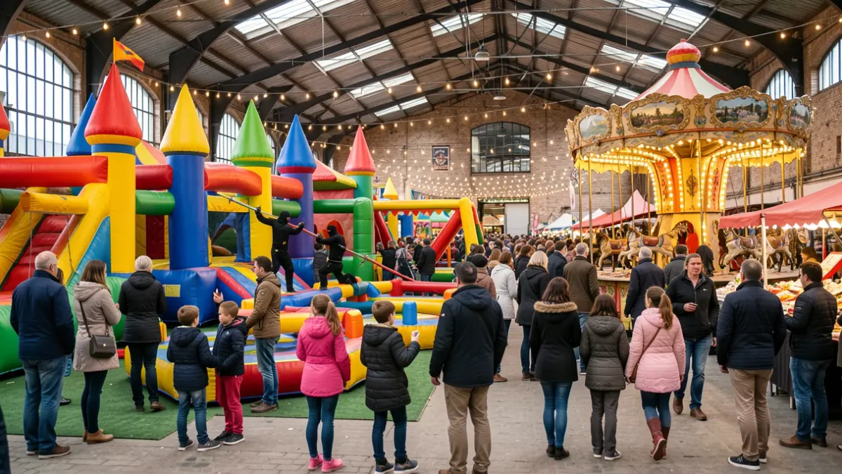 Journée des enfants festive avec châteaux gonflables, parcours Ninja Warrior et manège dans un marché couvert.