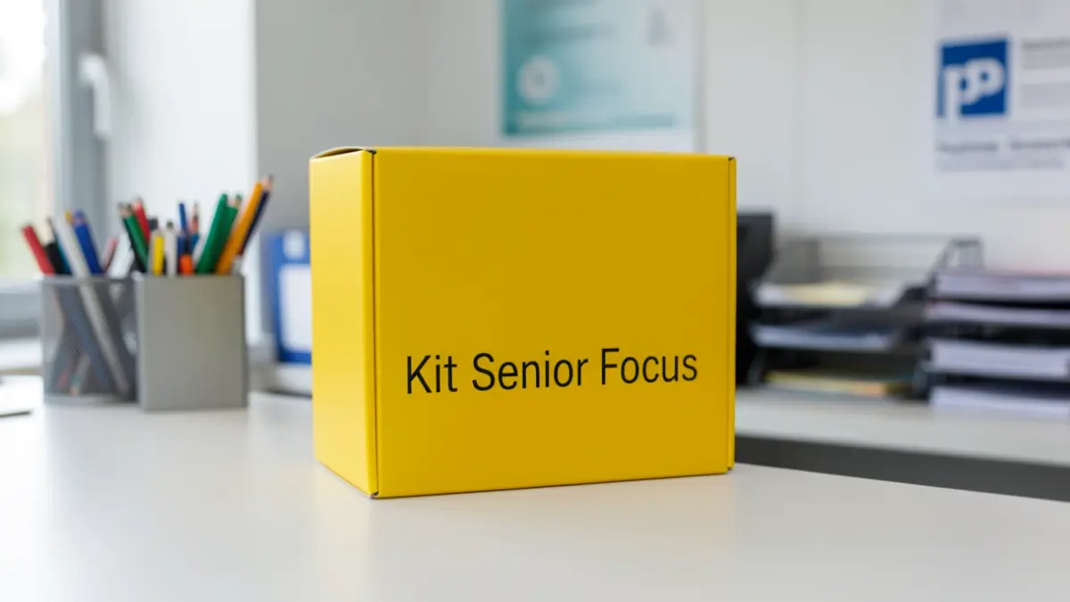 Image générique de la boîte jaune 'Kit Senior Focus' sur un comptoir de service public.