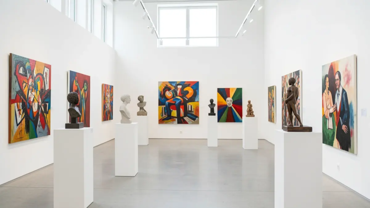 Image générique d'une galerie d'art contemporain avec diverses œuvres exposées sous un éclairage doux.