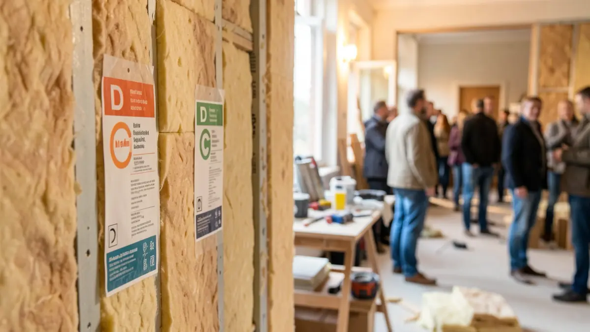 Image générique de matériaux de rénovation et d'étiquettes de performance énergétique dans un contexte de chantier.
