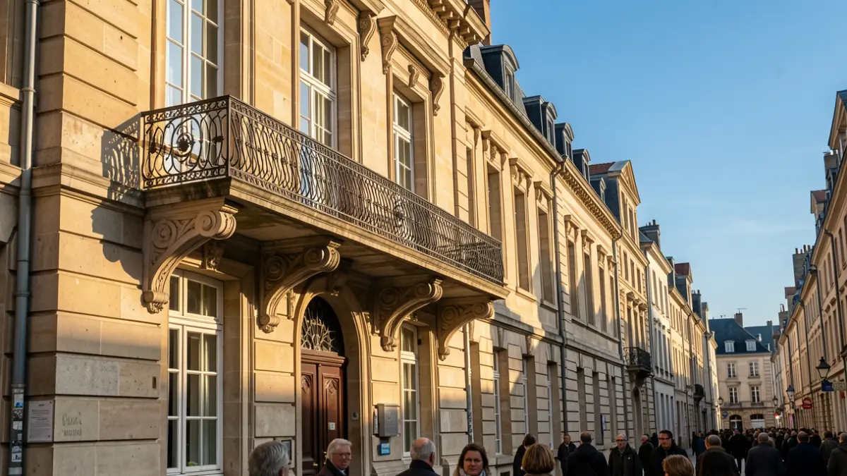 Generic image of a stone administrative building facade with an ornate balcony under a blue sky.
