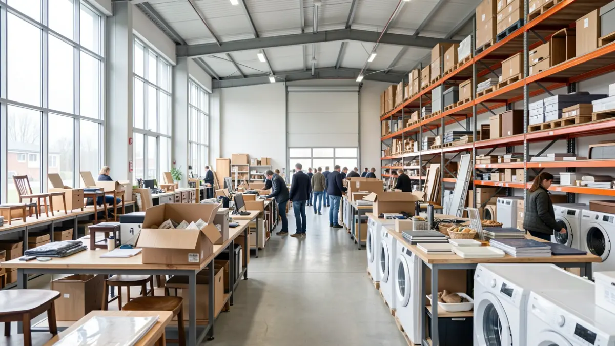 Intérieur d'un centre de tri et de stockage d'objets de seconde main à Charleroi, avec lumière naturelle et mobilier organisé.