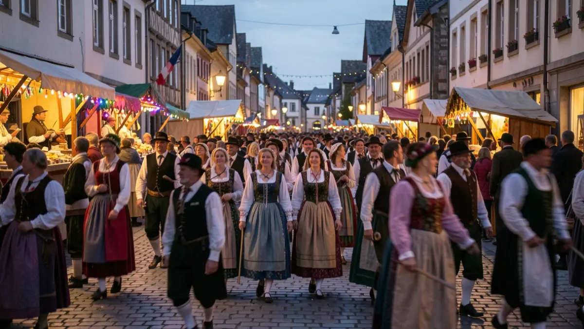 Generic image of a folkloric parade in the evening, with colorful lights and blurred silhouettes of participants.
