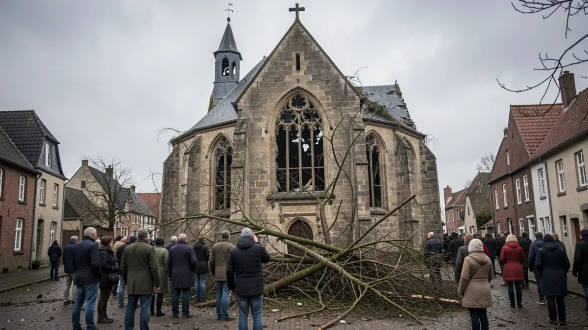 Generic image of a damaged church facade after a storm, with fallen branches and an overcast sky. Documentary photography style.