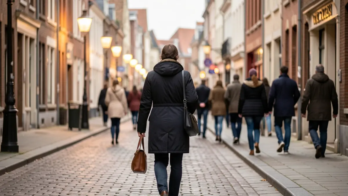 Generic image of a person walking on a sidewalk in a Belgian town, with blurred buildings and streetlights in the background.