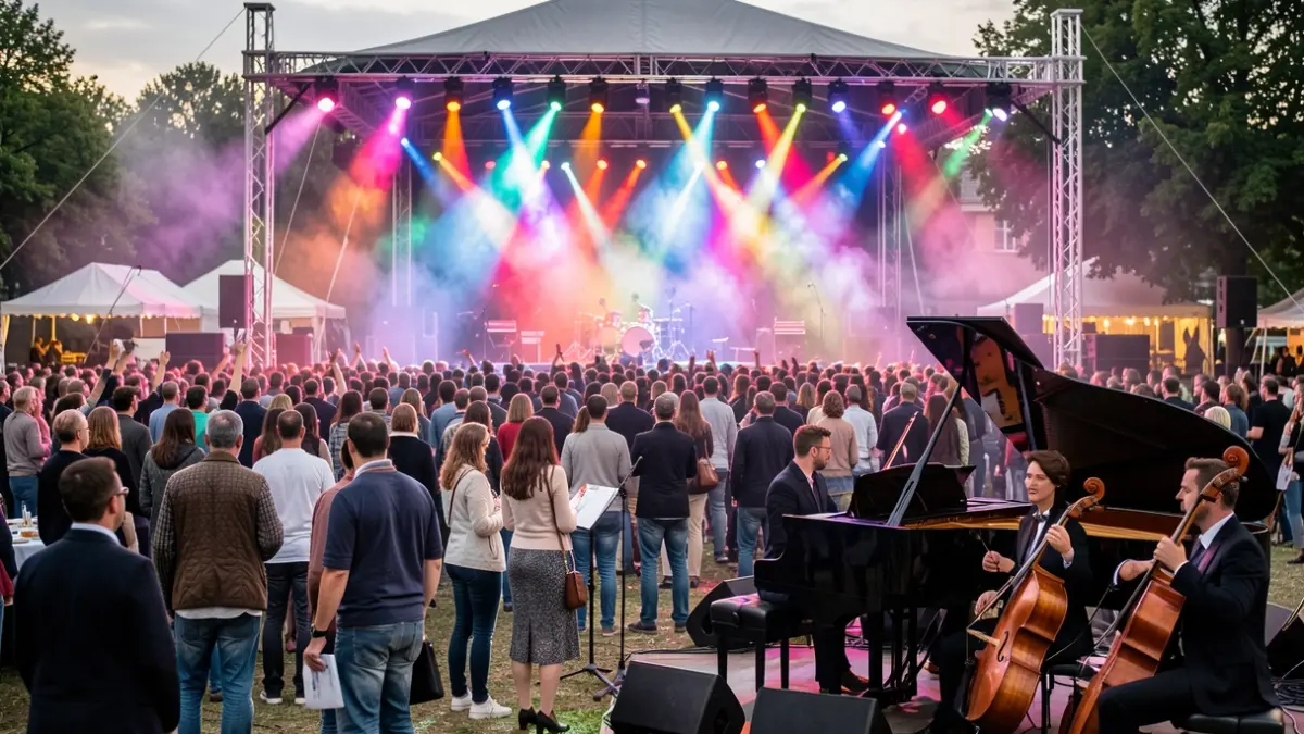 Generic image of a music festival in Mons, Hainaut, featuring colorful stage lights and musical instruments.