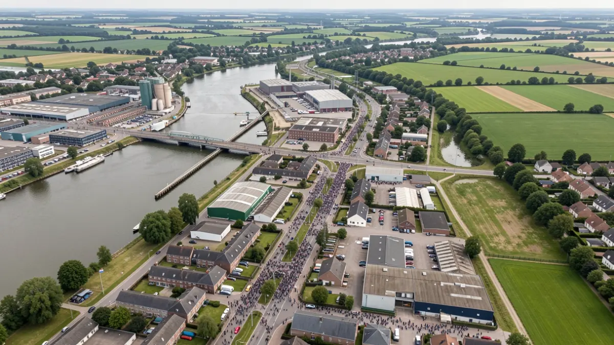 Aerial view of the Hainaut province, Belgium, showing a mix of urban industrial areas along a river and green rural landscapes, with a temperate northern climate feel.