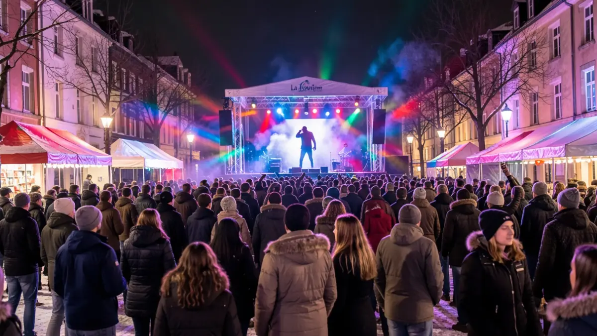 Vibrant winter festival scene in La Louvière with blurred lights, a rapper silhouette on stage, and young people enjoying the atmosphere.