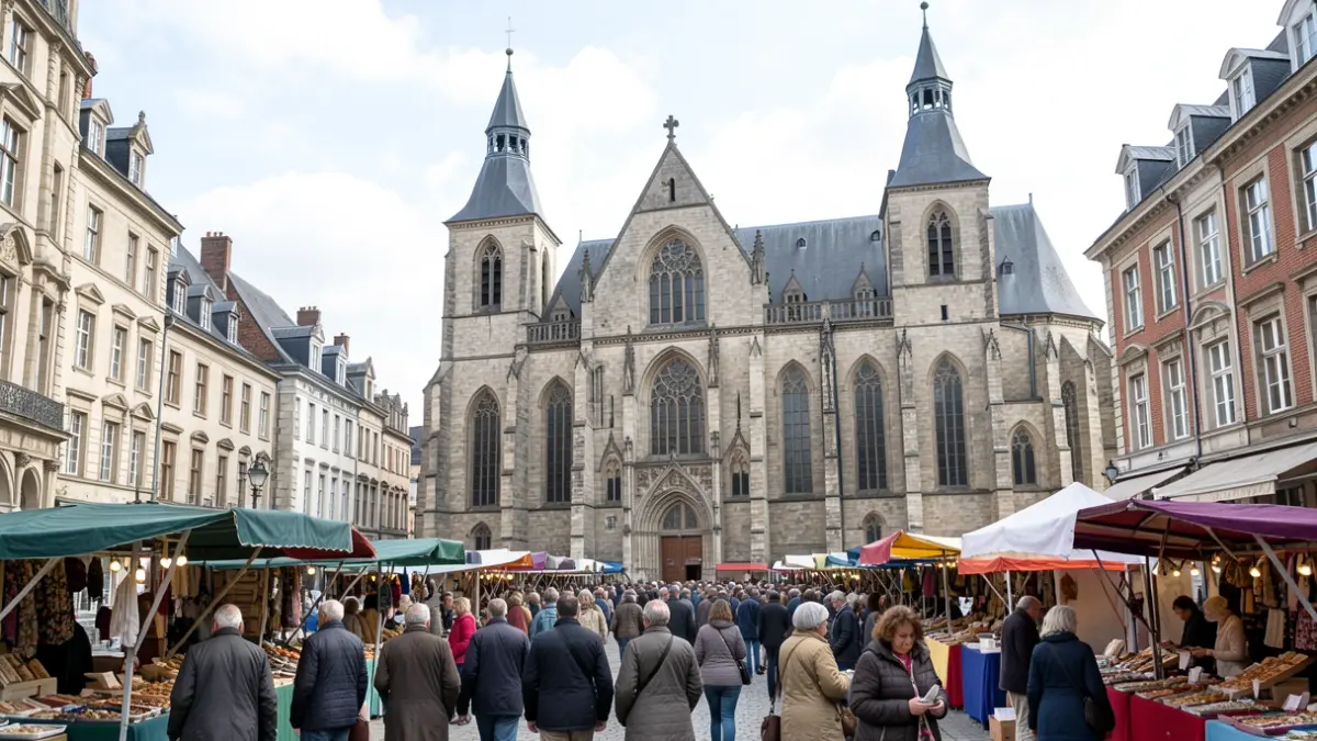 Generic image of the Enghien weekly market, with stalls and passers-by on the Grand-Place around the church.