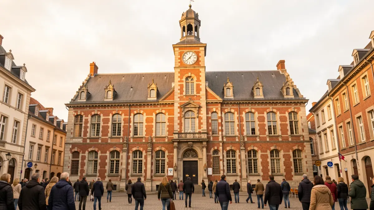 Facade of the town hall of Lens, made of red brick and stone, with a clock tower. Typical Hainaut daylight.