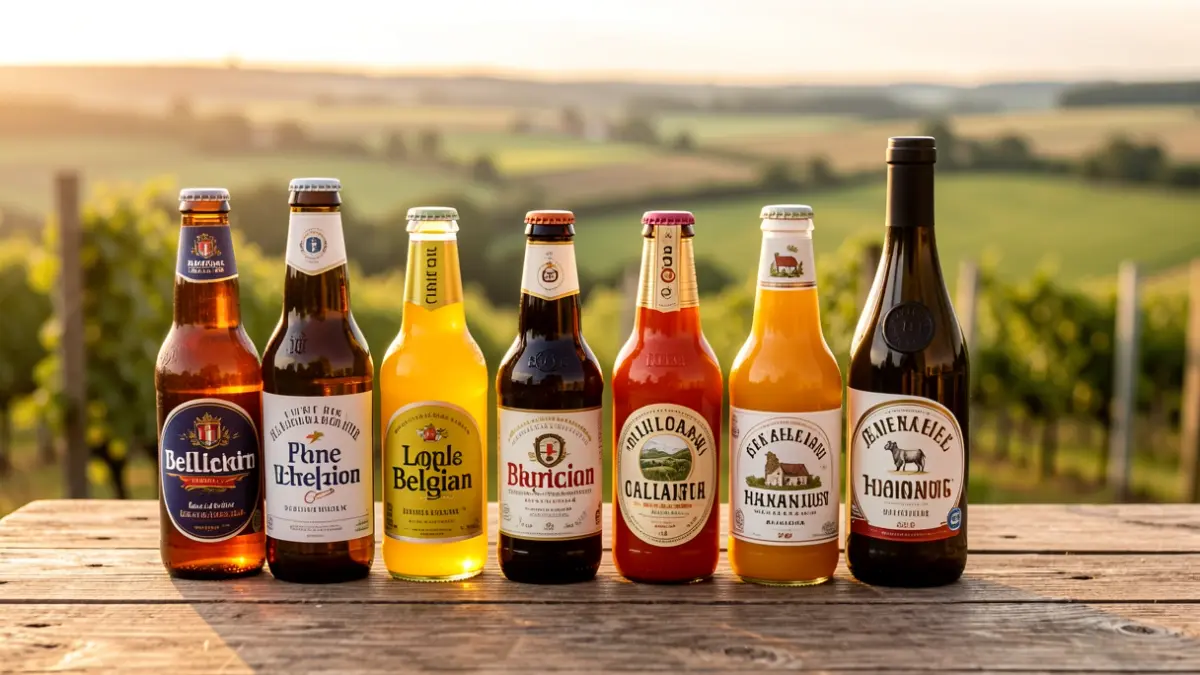 Selection of local beers, artisanal juices, and wine bottles on a rustic wooden table, with a blurred background of the Hainaut countryside.