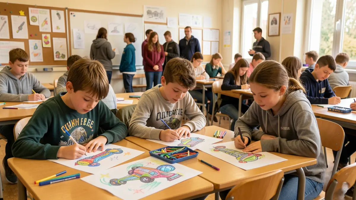 Generic image of primary school students drawing futuristic machines in a classroom, guided by university students.