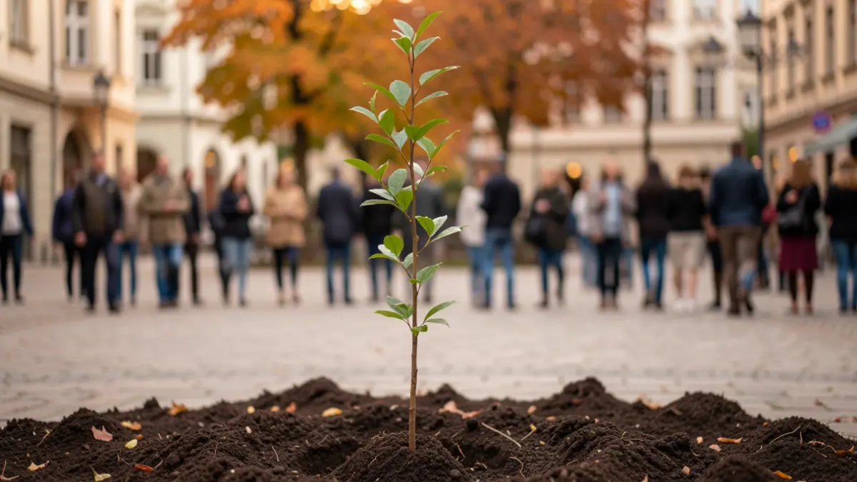 Image générique d'un jeune arbre planté dans un sol riche, avec un arrière-plan flou d'une place de ville et une touche de feuillage d'automne. Lumière douce et chaude.
