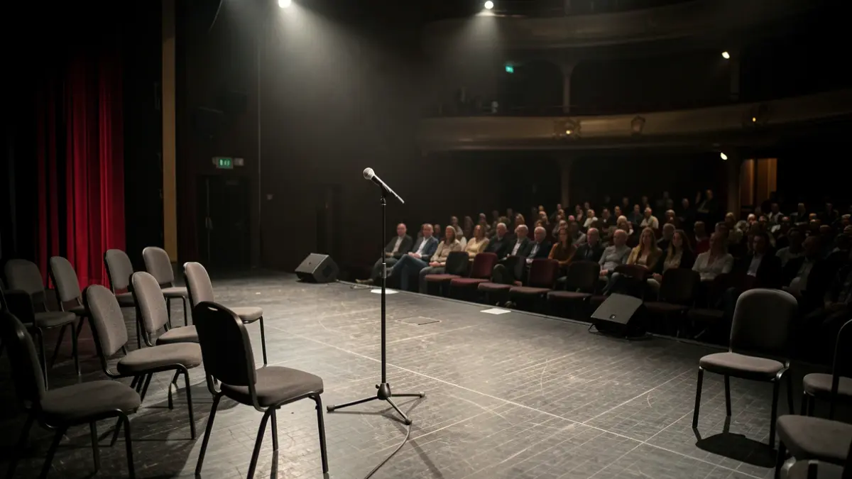 Generic image of a theatre stage with scattered chairs and a microphone, in dim lighting.