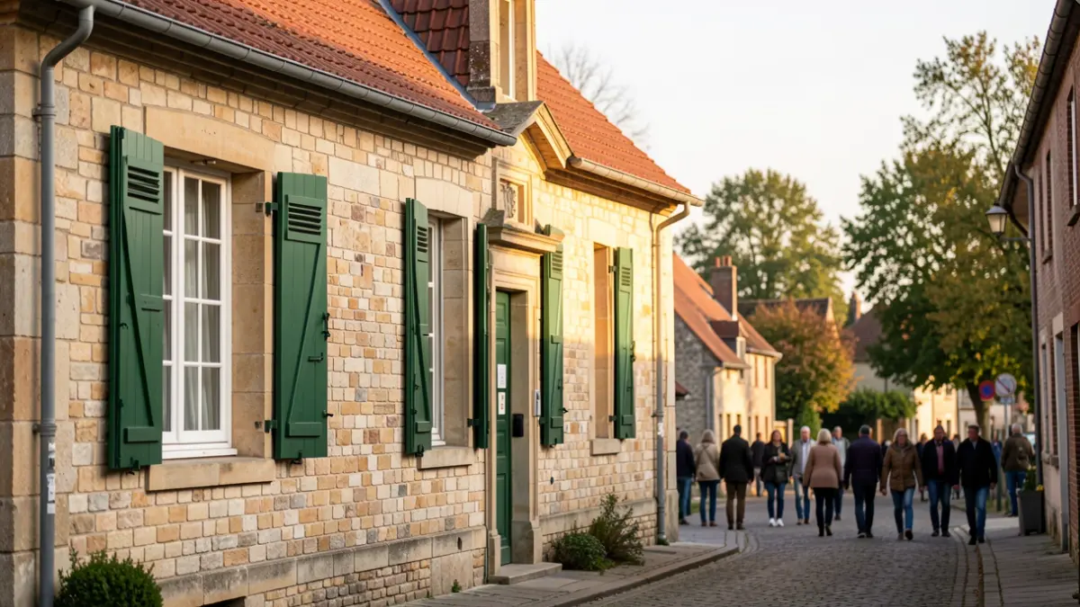 Facade of a Belgian communal school in a village, under the afternoon sun.