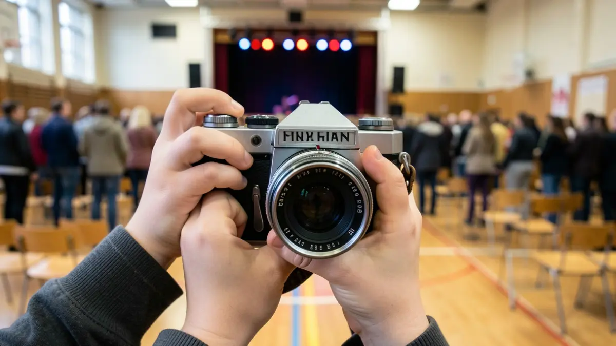 Generic image of a child holding an old camera, with a blurred background of a school gymnasium lit by spotlights.