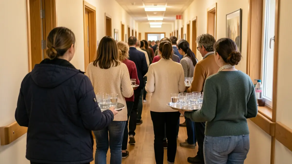 Image générique de volontaires portant des plateaux avec des verres d'eau dans un couloir.