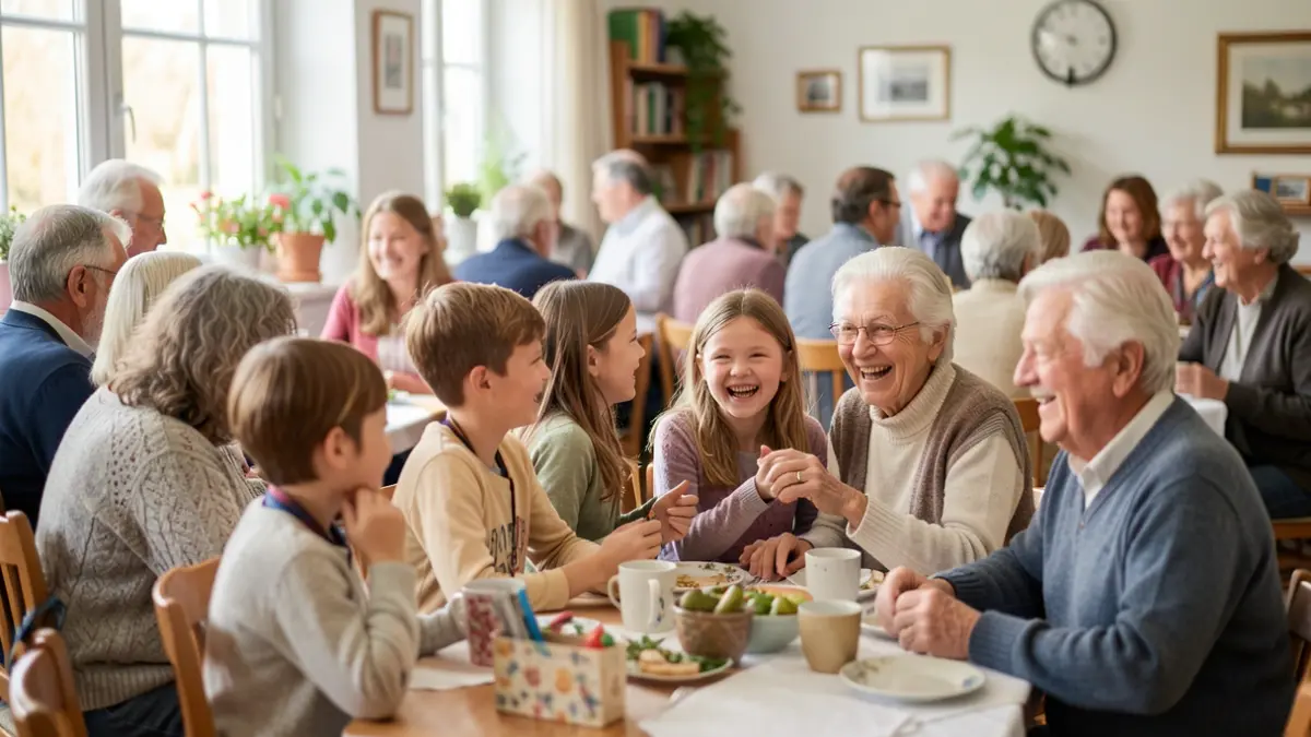 Generic image of a bright, welcoming common room where children and elderly people interact happily.