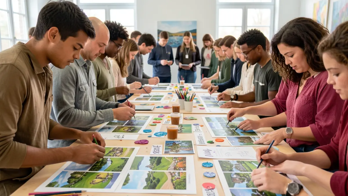 Generic image of young participants assembling collages with landscape images and words in a creative workshop.