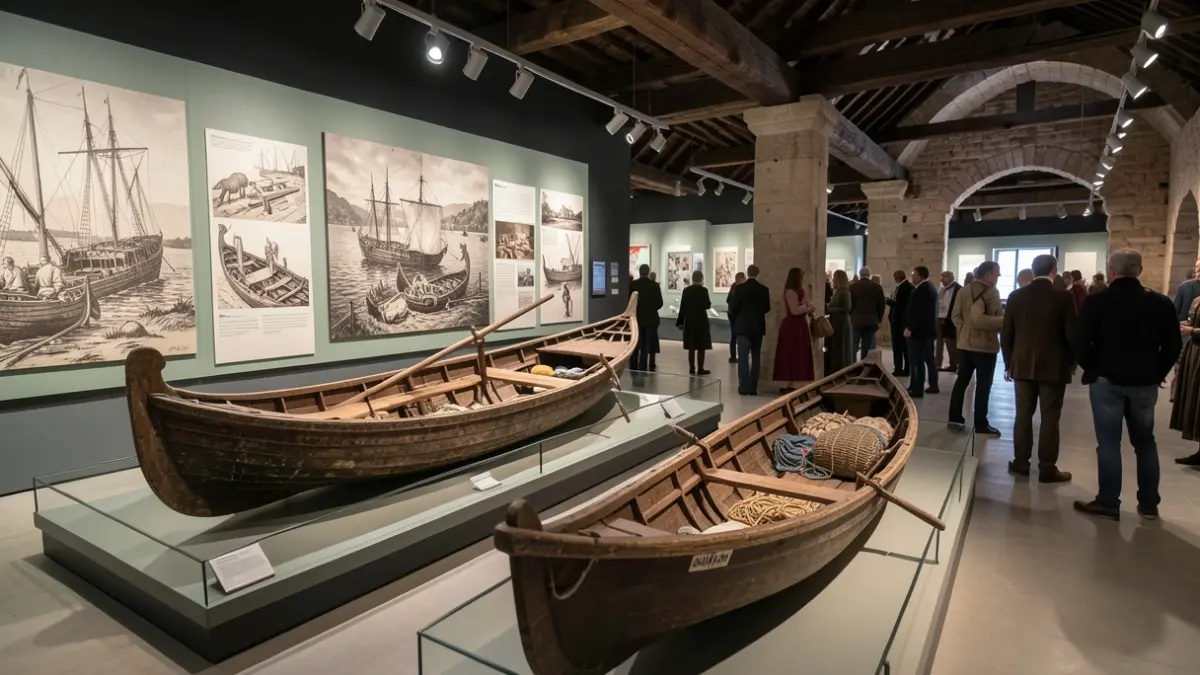 Exhibition on ancient river navigation featuring Roman boats and trade artifacts.